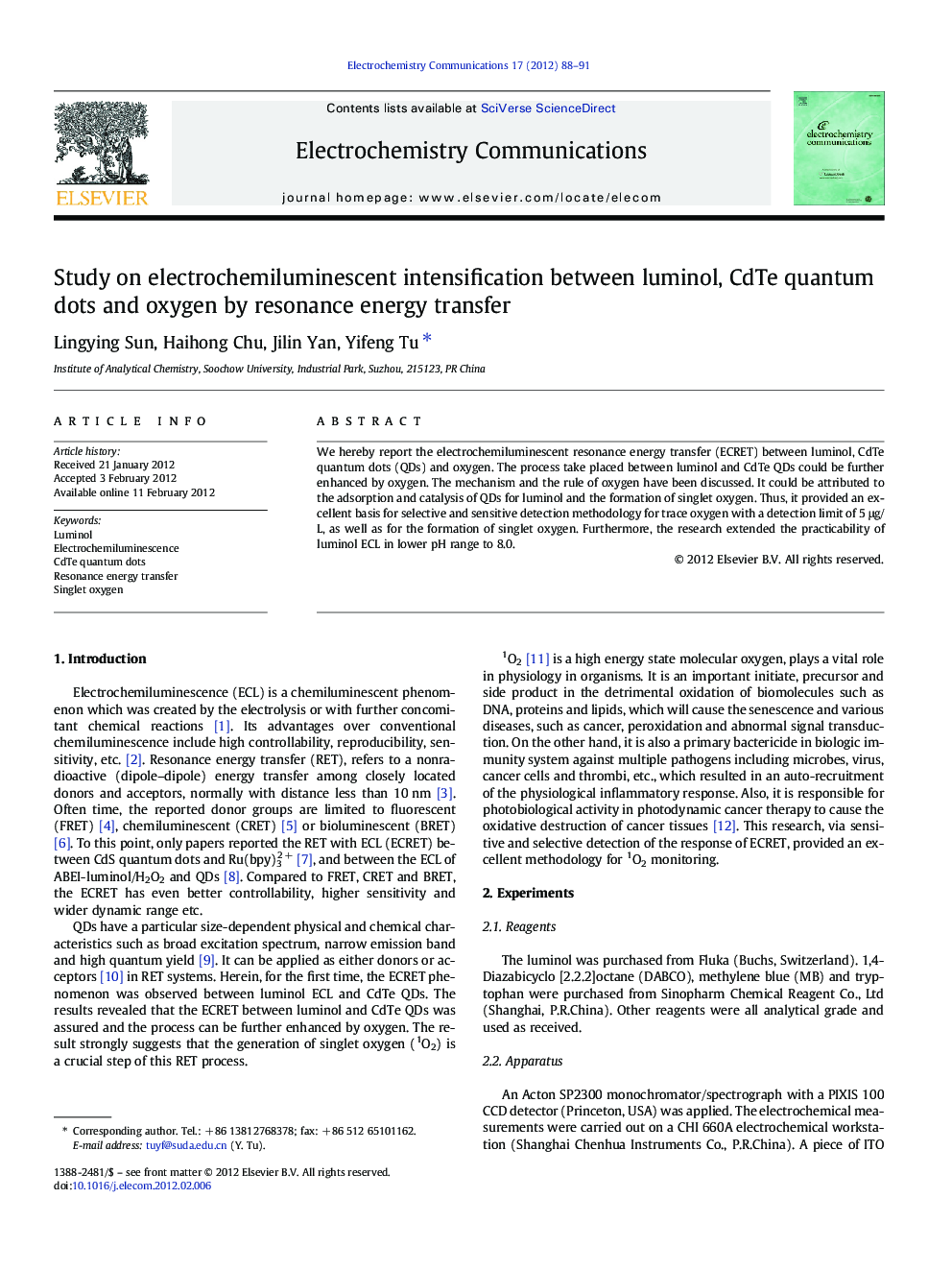 Study on electrochemiluminescent intensification between luminol, CdTe quantum dots and oxygen by resonance energy transfer