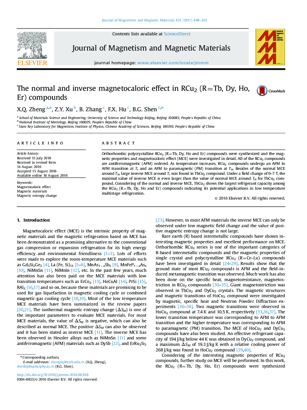 The normal and inverse magnetocaloric effect in RCu2 (R=Tb, Dy, Ho, Er) compounds