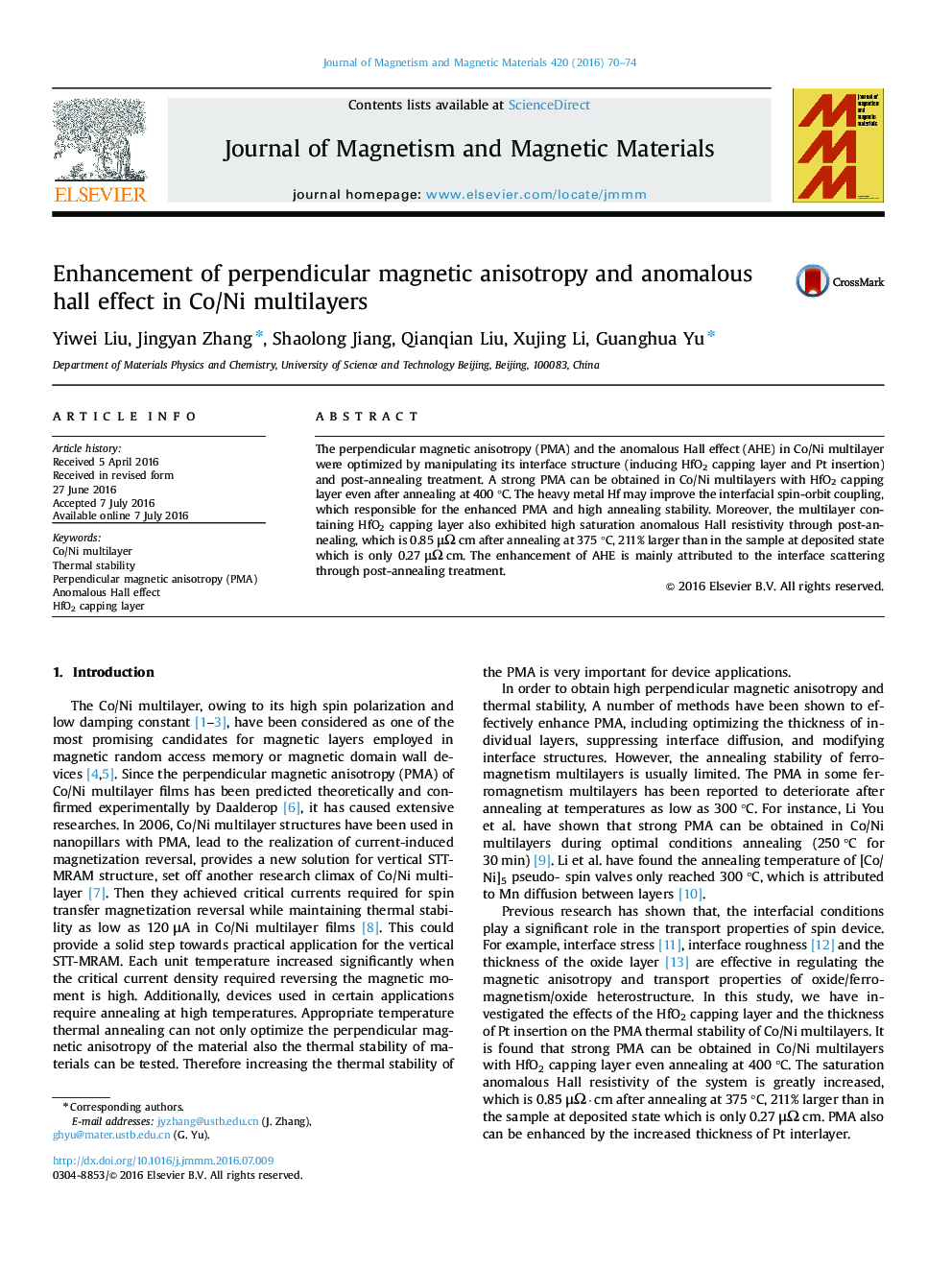 Enhancement of perpendicular magnetic anisotropy and anomalous hall effect in Co/Ni multilayers