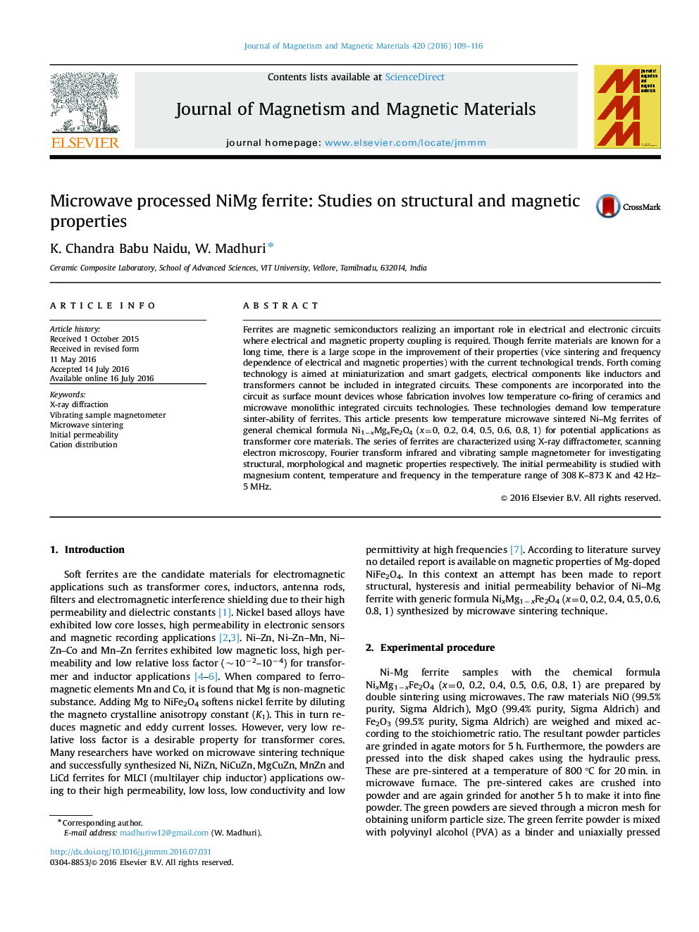 Microwave processed NiMg ferrite: Studies on structural and magnetic properties