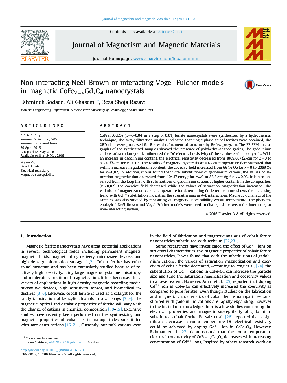 Non-interacting Neél–Brown or interacting Vogel–Fulcher models in magnetic CoFe2−xGdxO4 nanocrystals