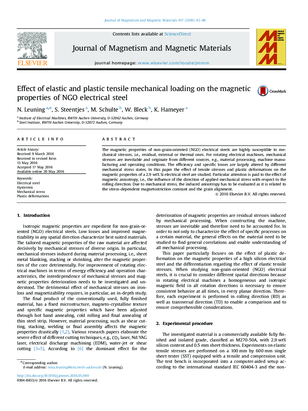 Effect of elastic and plastic tensile mechanical loading on the magnetic properties of NGO electrical steel