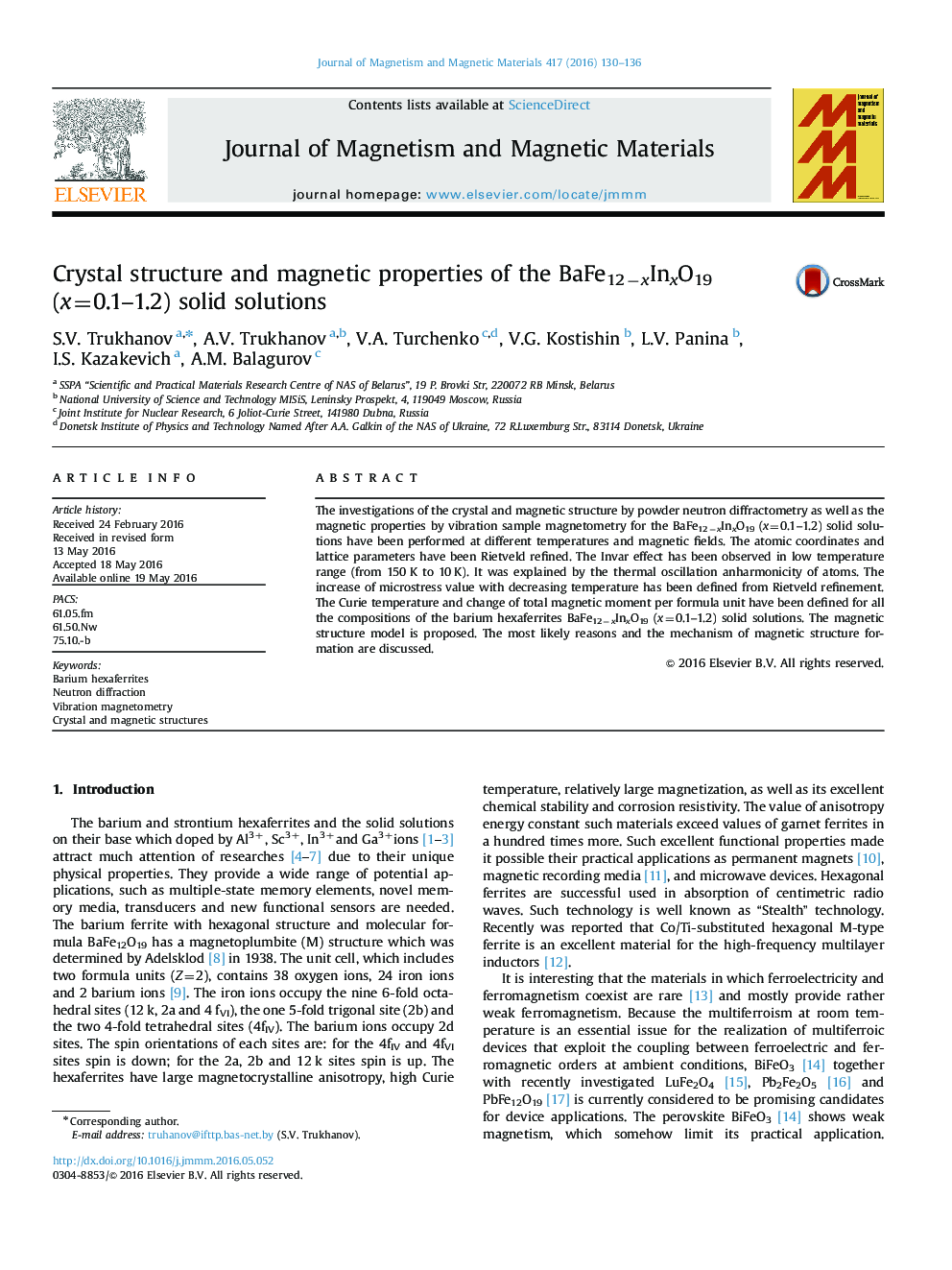 Crystal structure and magnetic properties of the BaFe12−xInxO19 (x=0.1–1.2) solid solutions