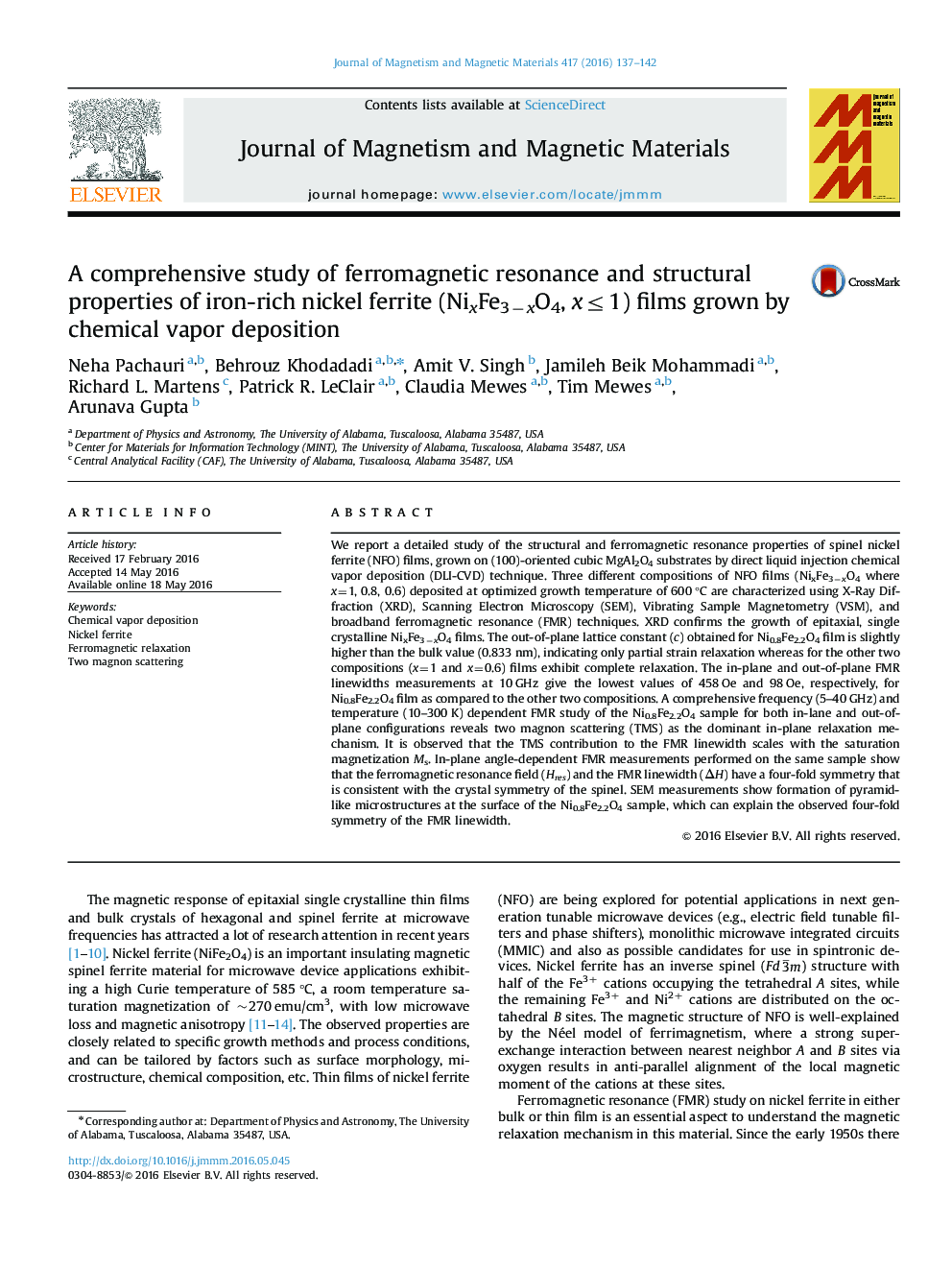 A comprehensive study of ferromagnetic resonance and structural properties of iron-rich nickel ferrite (NixFe3âxO4, xâ¤1) films grown by chemical vapor deposition