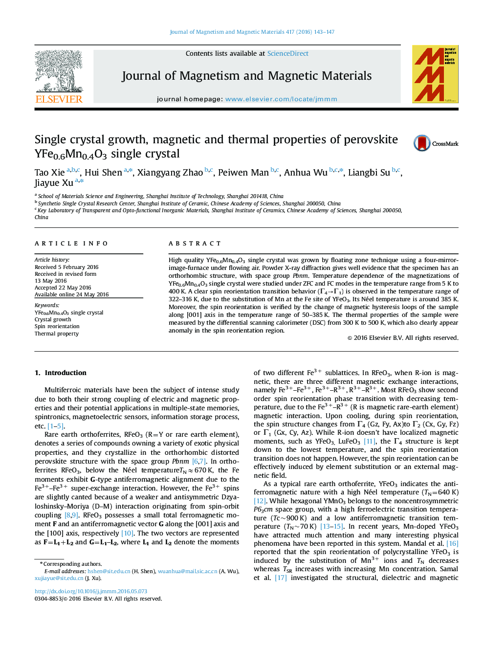 Single crystal growth, magnetic and thermal properties of perovskite YFe0.6Mn0.4O3 single crystal