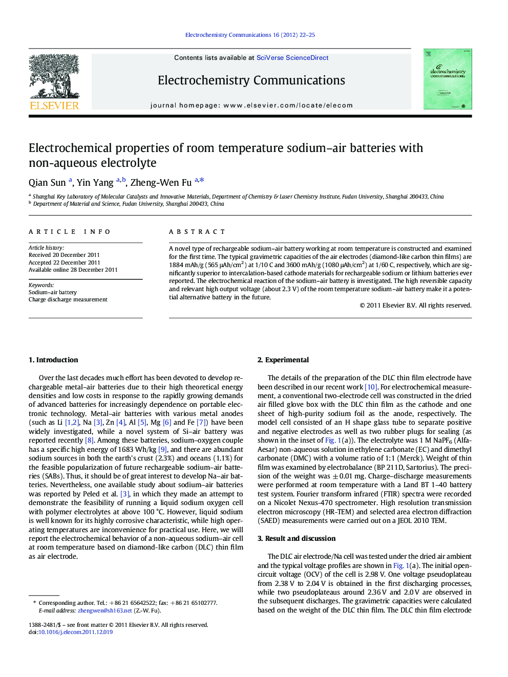 Electrochemical properties of room temperature sodium–air batteries with non-aqueous electrolyte