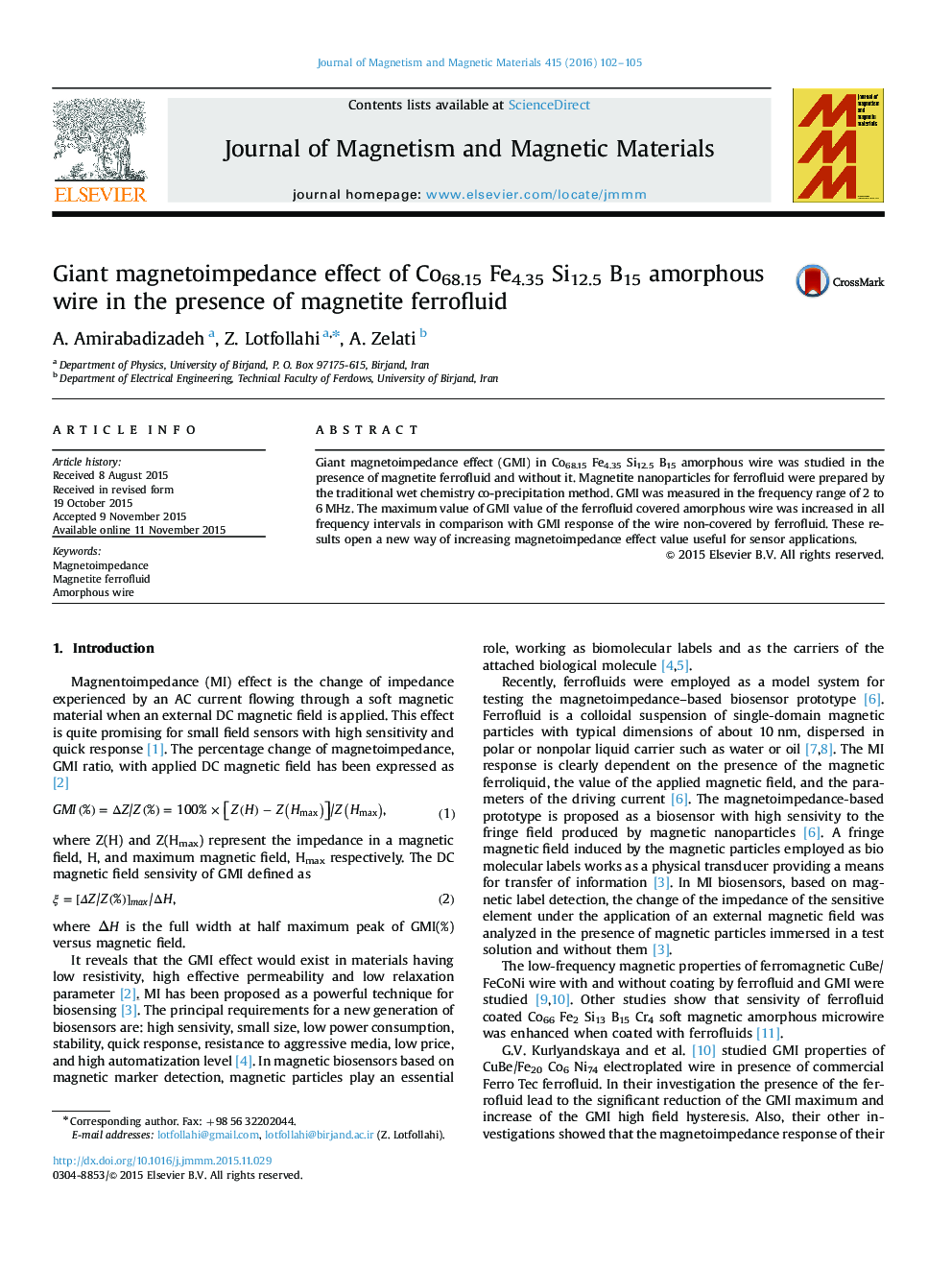 Giant magnetoimpedance effect of Co68.15 Fe4.35 Si12.5 B15 amorphous wire in the presence of magnetite ferrofluid