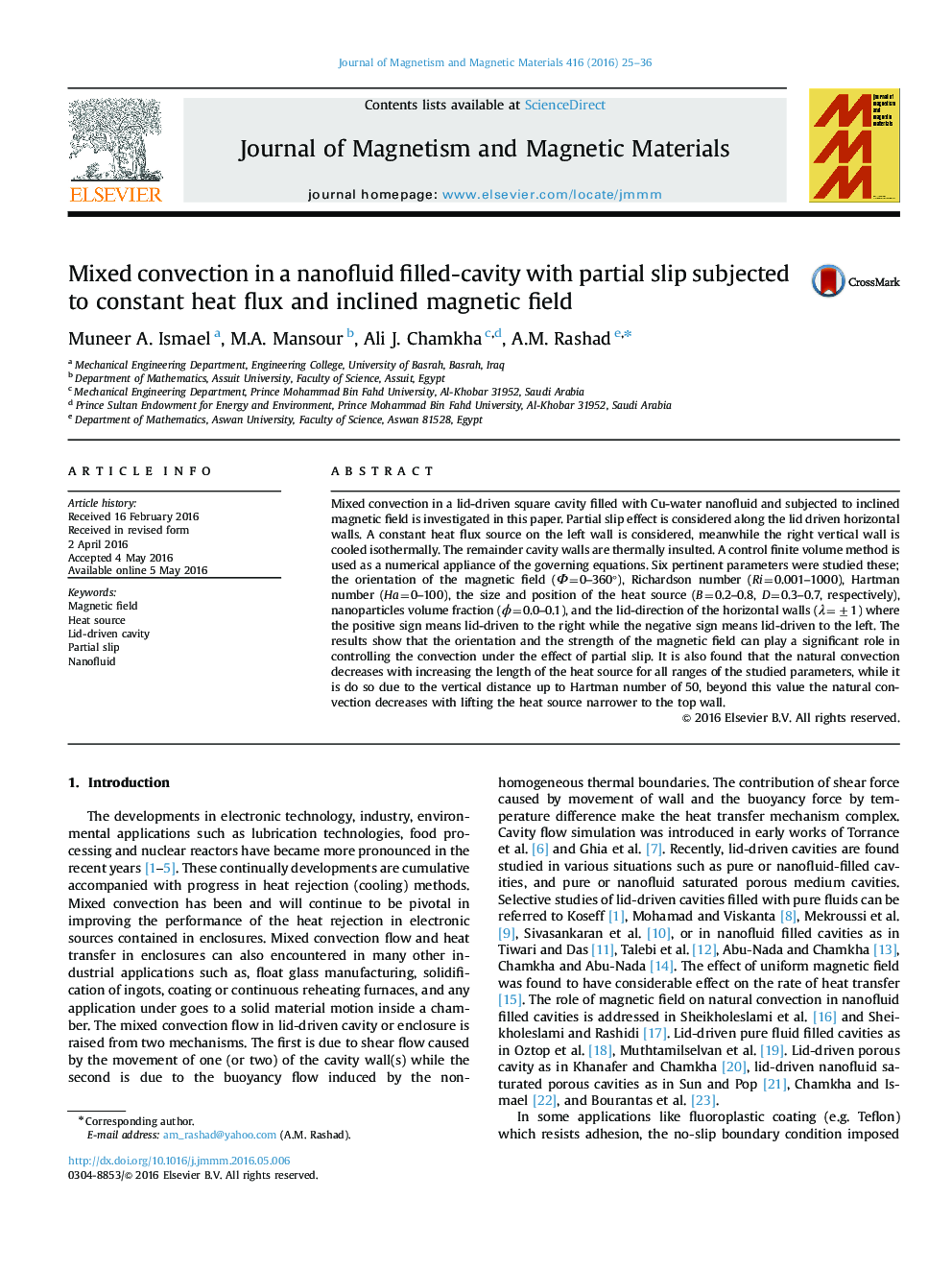 Mixed convection in a nanofluid filled-cavity with partial slip subjected to constant heat flux and inclined magnetic field