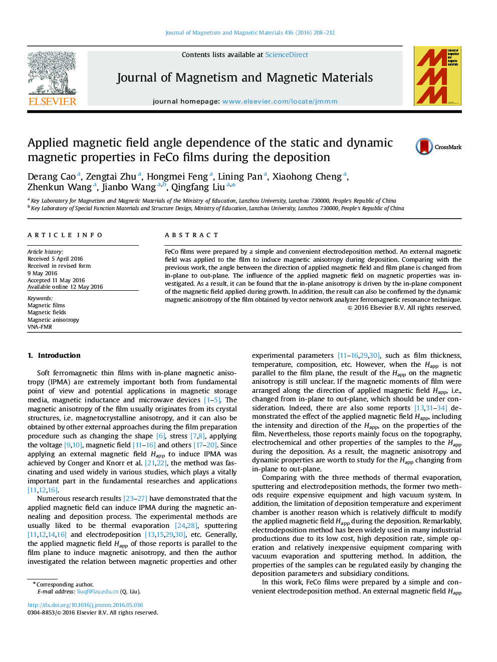 Applied magnetic field angle dependence of the static and dynamic magnetic properties in FeCo films during the deposition