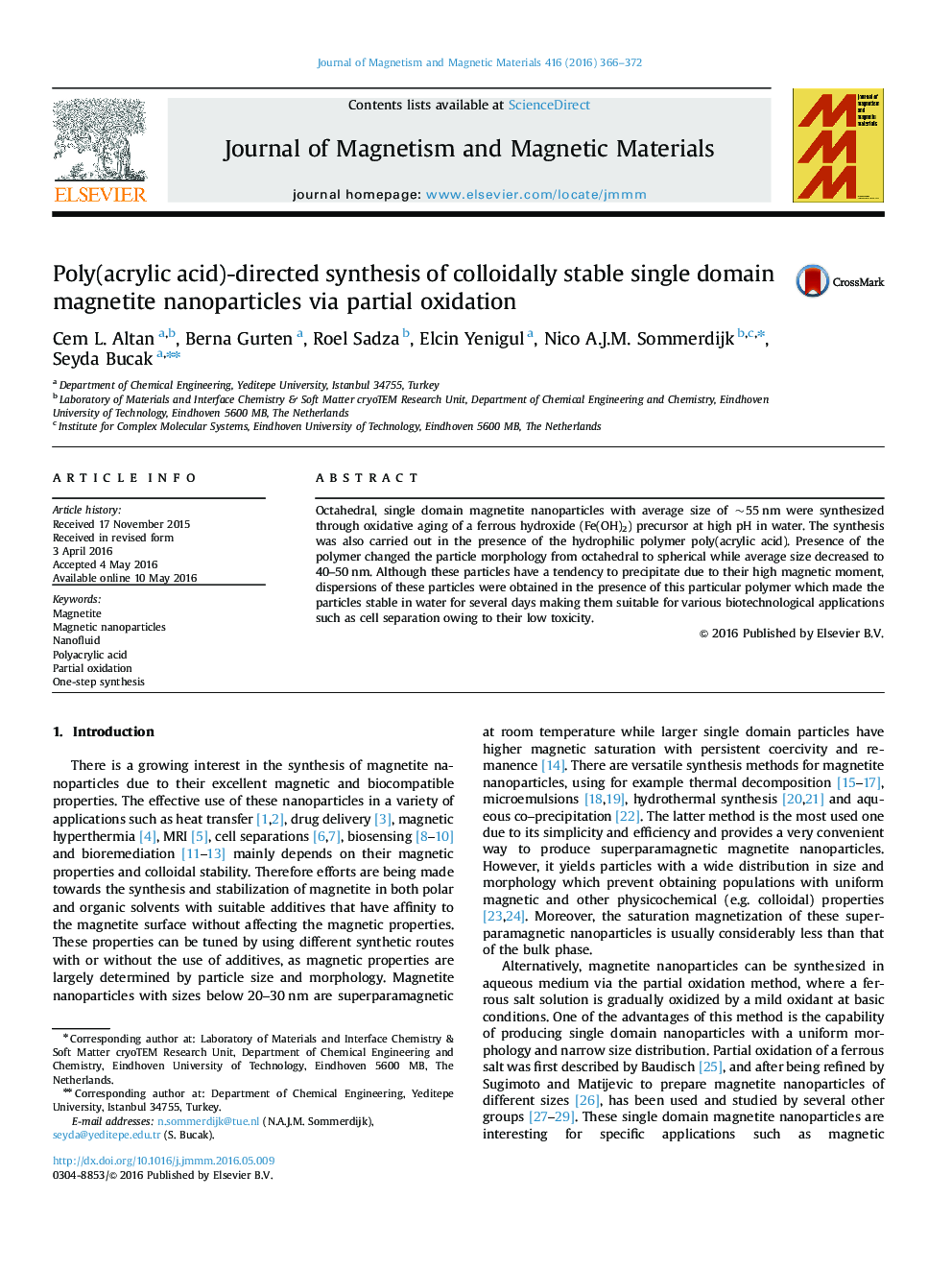 Poly(acrylic acid)-directed synthesis of colloidally stable single domain magnetite nanoparticles via partial oxidation