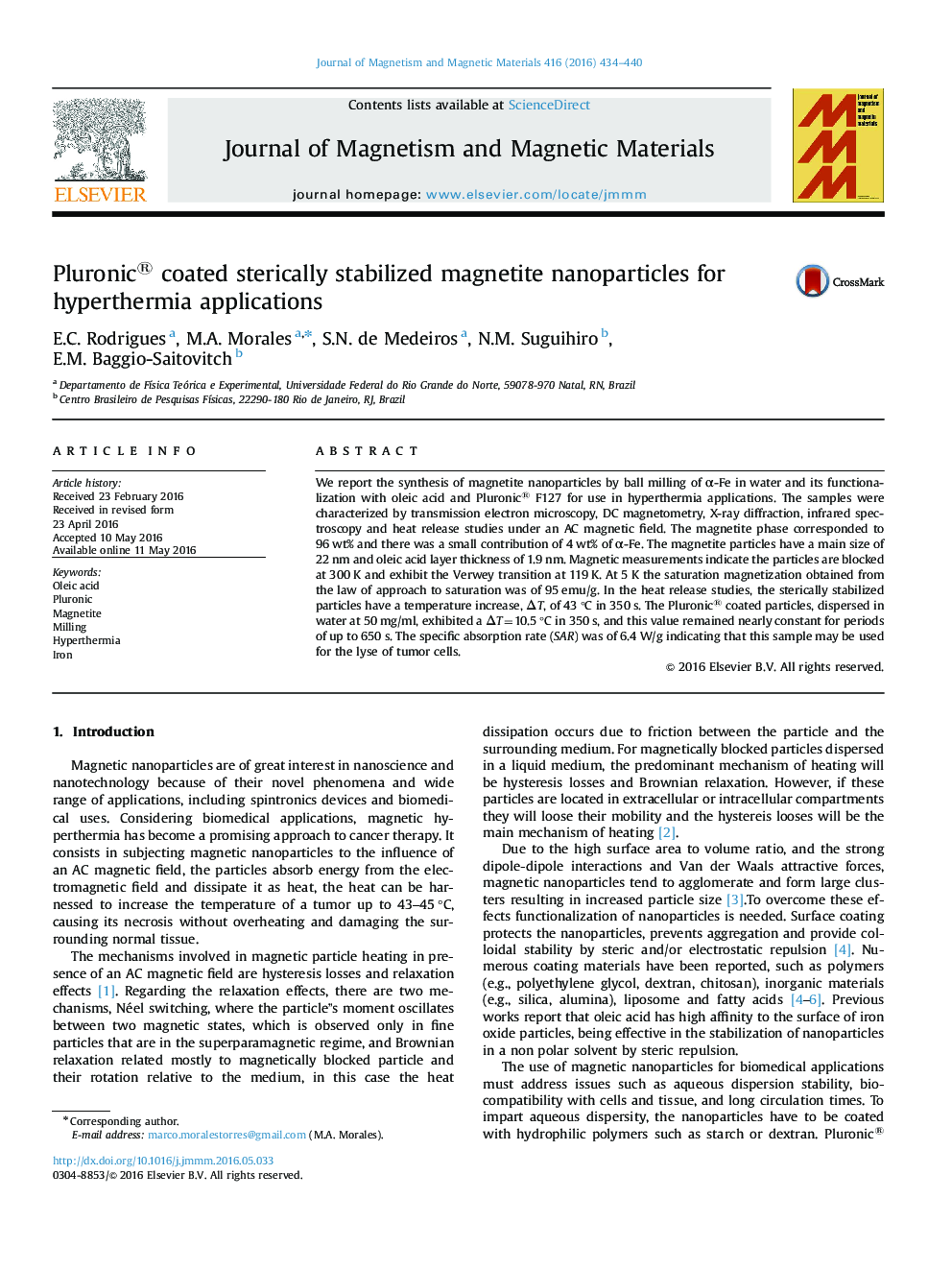 Pluronic® coated sterically stabilized magnetite nanoparticles for hyperthermia applications