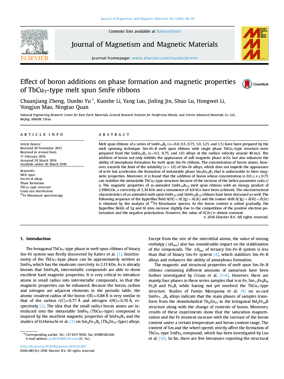 Effect of boron additions on phase formation and magnetic properties of TbCu7-type melt spun SmFe ribbons