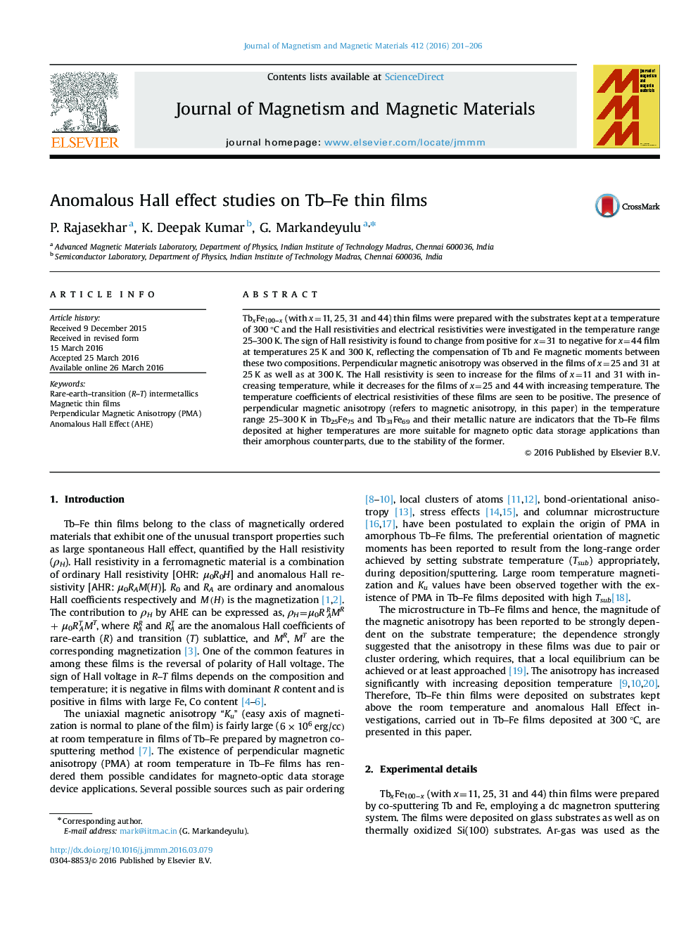 Anomalous Hall effect studies on Tb–Fe thin films