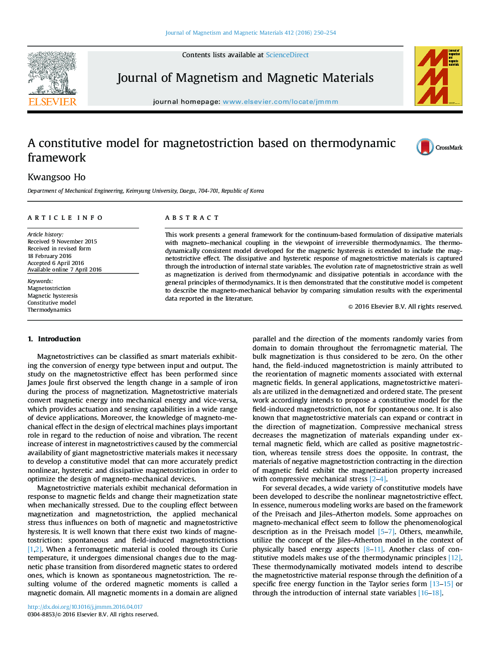 A constitutive model for magnetostriction based on thermodynamic framework