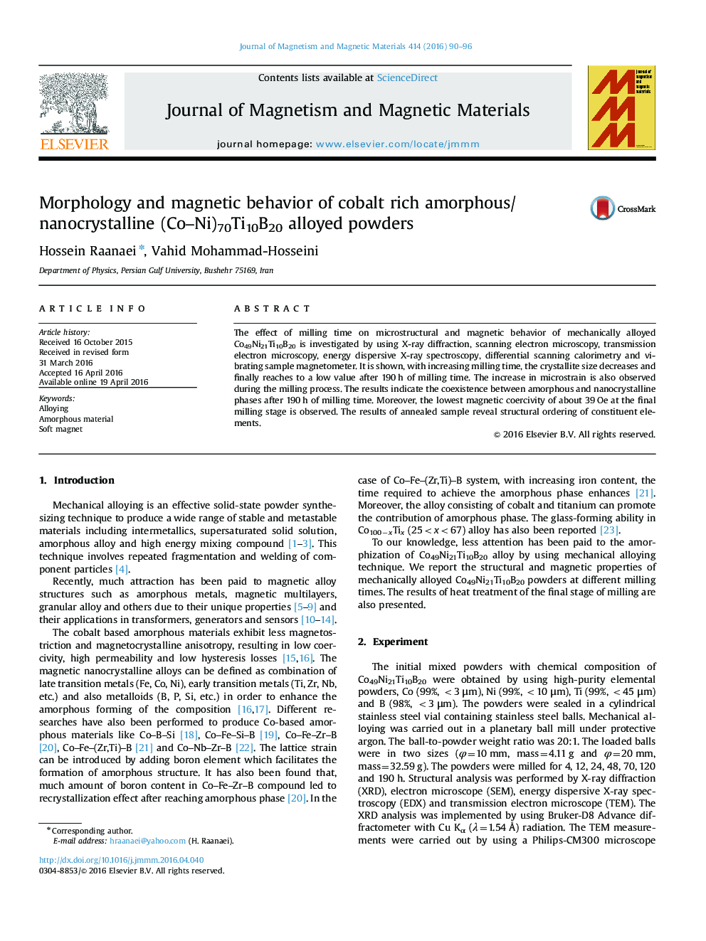 Morphology and magnetic behavior of cobalt rich amorphous/nanocrystalline (Co–Ni)70Ti10B20 alloyed powders