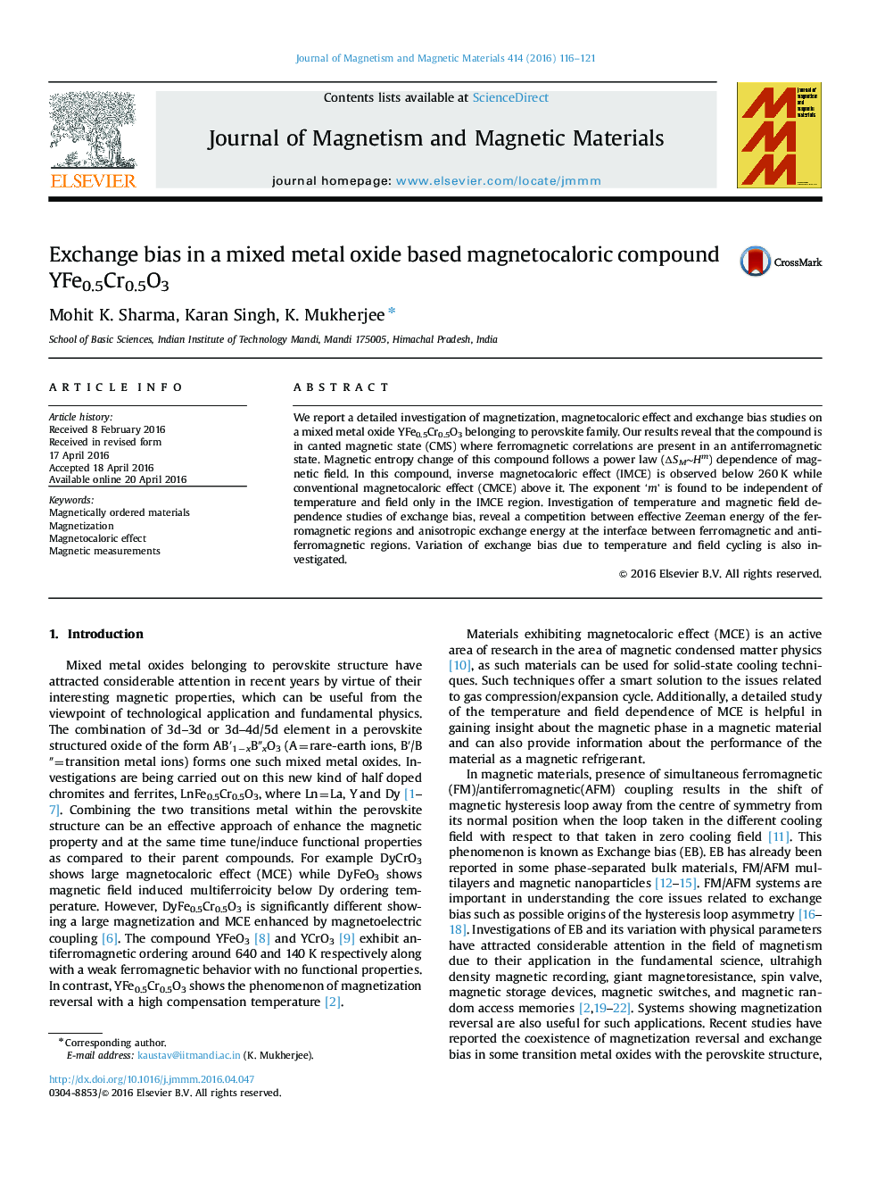 Exchange bias in a mixed metal oxide based magnetocaloric compound YFe0.5Cr0.5O3