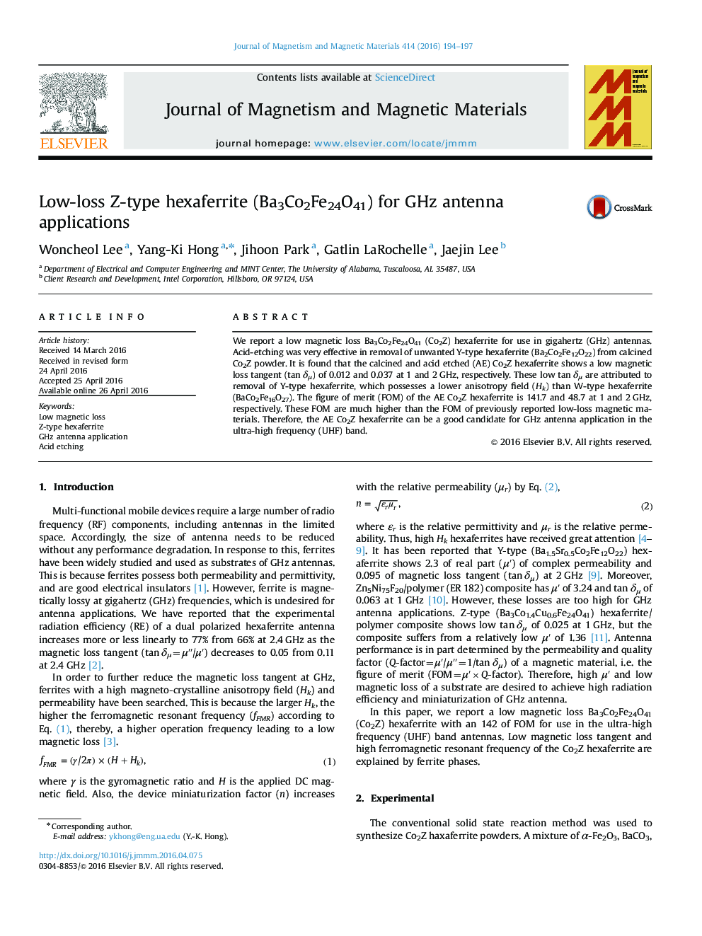 Low-loss Z-type hexaferrite (Ba3Co2Fe24O41) for GHz antenna applications