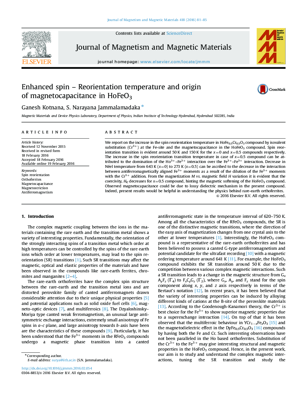 Enhanced spin – Reorientation temperature and origin of magnetocapacitance in HoFeO3
