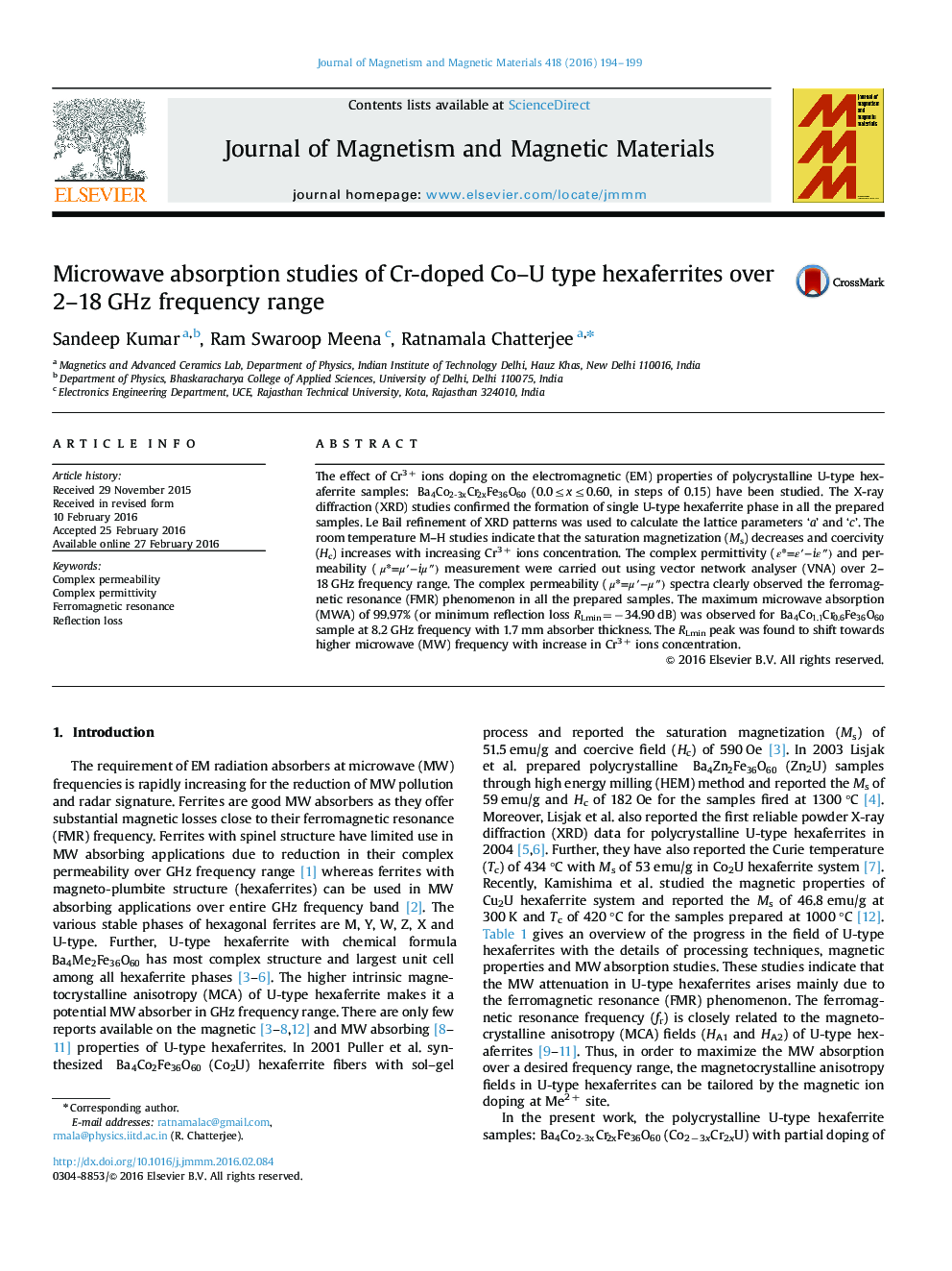 Microwave absorption studies of Cr-doped Co–U type hexaferrites over 2–18 GHz frequency range