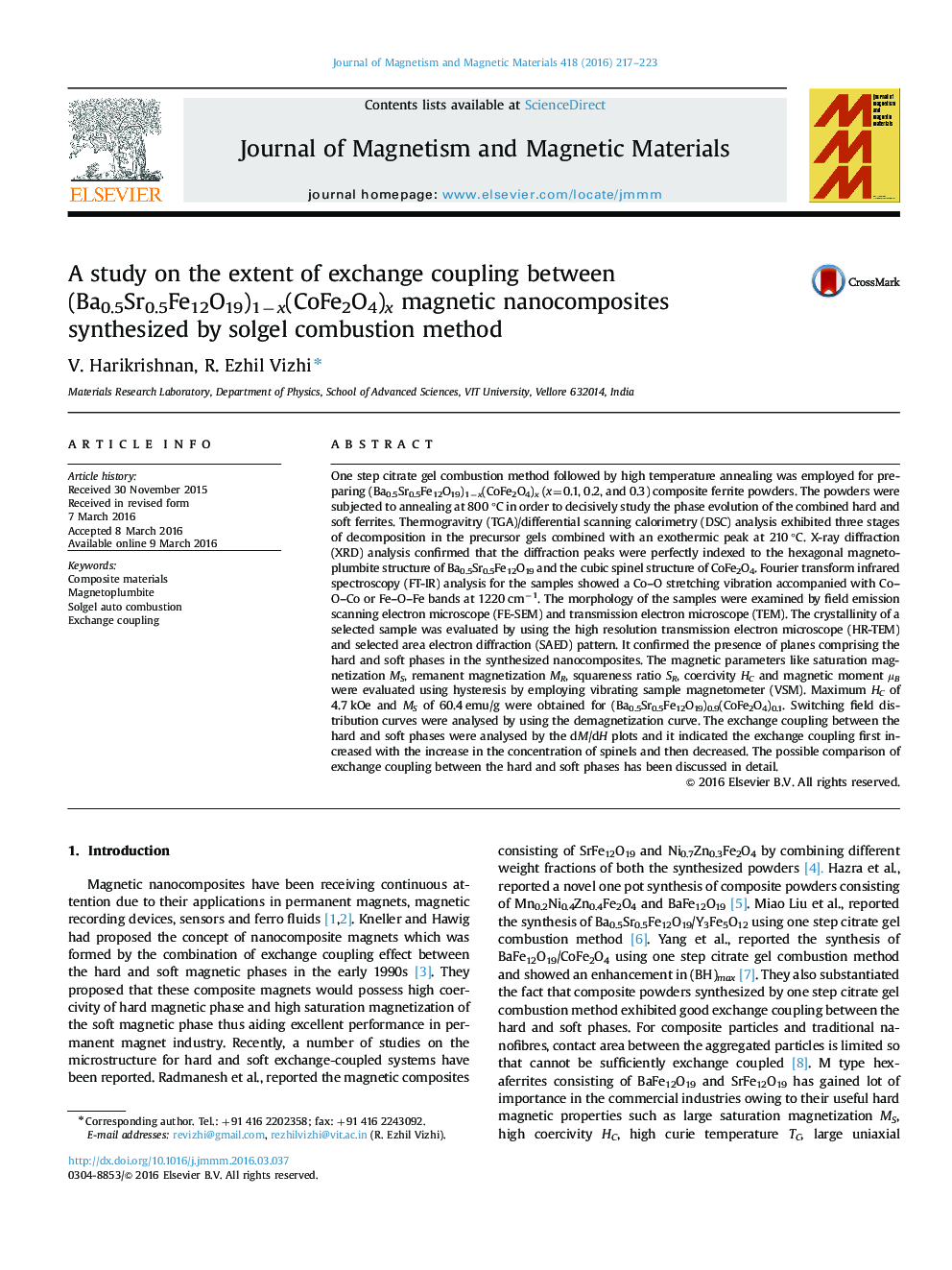 A study on the extent of exchange coupling between (Ba0.5Sr0.5Fe12O19)1−x(CoFe2O4)x magnetic nanocomposites synthesized by solgel combustion method