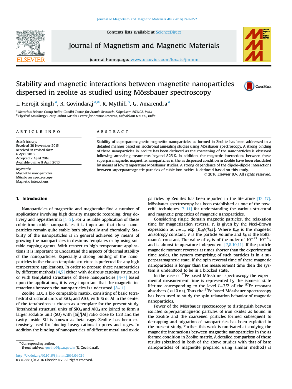 Stability and magnetic interactions between magnetite nanoparticles dispersed in zeolite as studied using Mössbauer spectroscopy