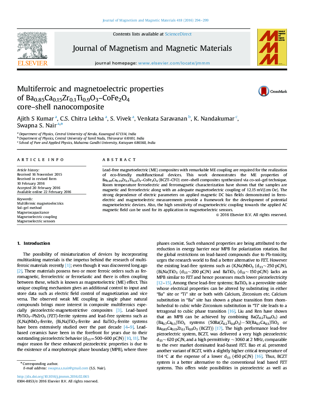 عکس صفحه اول مقاله: Multiferroic and magnetoelectric properties of Ba0.85Ca0.15Zr0.1Ti0.9O3–CoFe2O4 core–shell nanocomposite Multiferroic and magnetoelectric properties of Ba0.85Ca0.15Zr0.1Ti0.9O3–CoFe2O4 core–shell nanocomposite