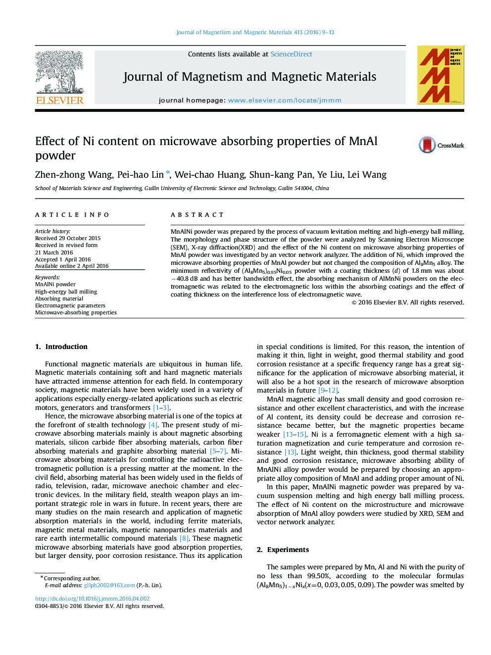 Effect of Ni content on microwave absorbing properties of MnAl powder