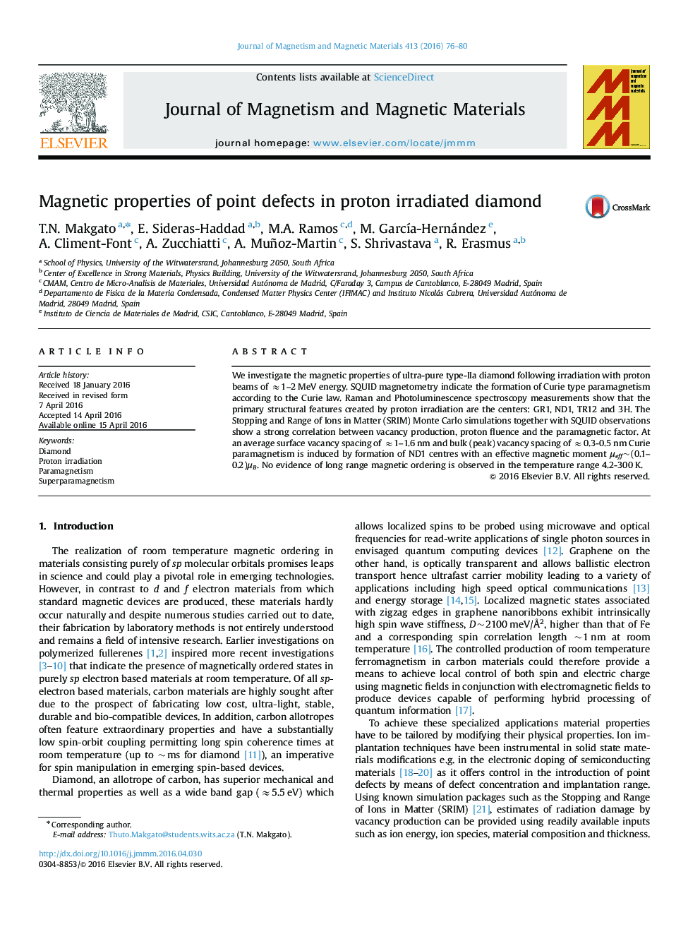 Magnetic properties of point defects in proton irradiated diamond