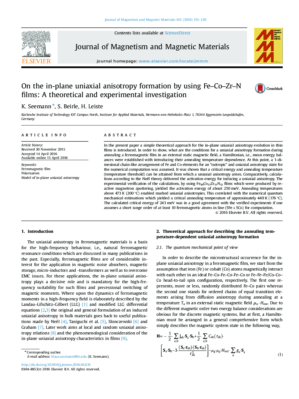 On the in-plane uniaxial anisotropy formation by using Fe–Co–Zr–N films: A theoretical and experimental investigation