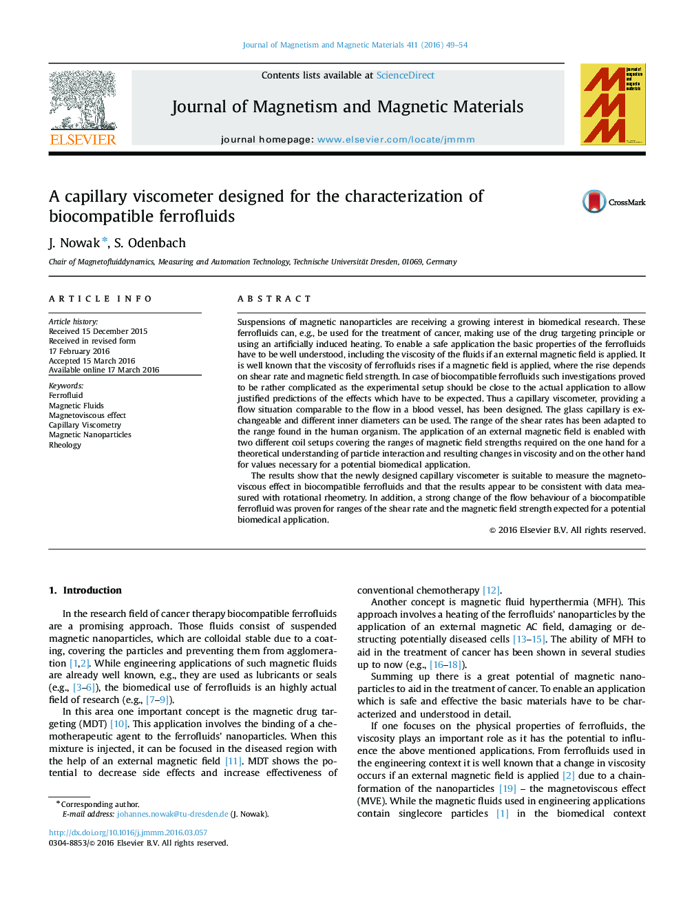 عکس صفحه اول مقاله: A capillary viscometer designed for the characterization of biocompatible ferrofluids A capillary viscometer designed for the characterization of biocompatible ferrofluids