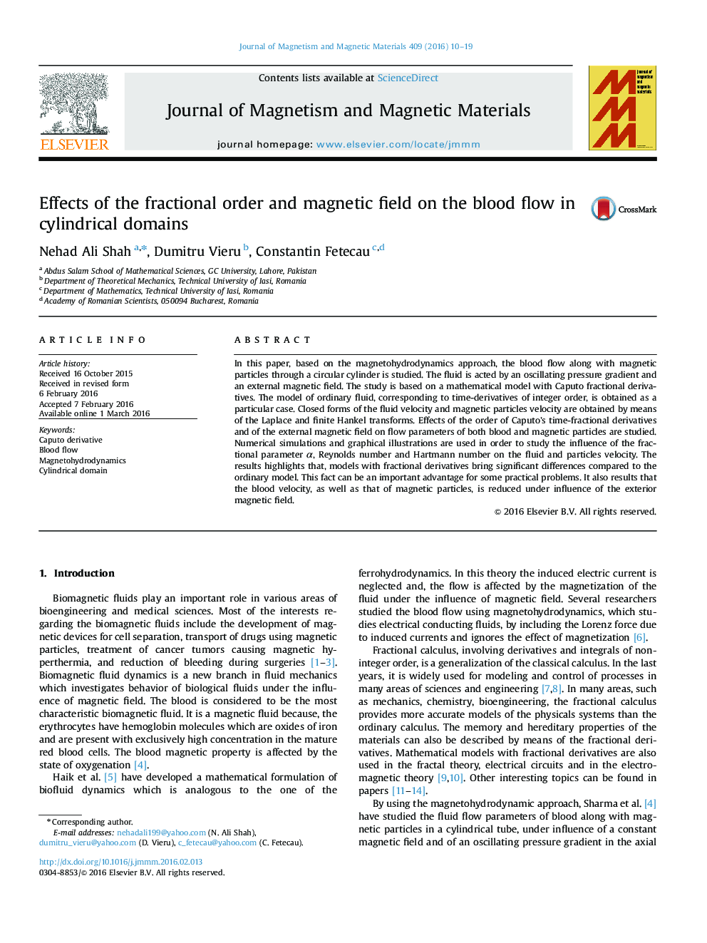 Effects of the fractional order and magnetic field on the blood flow in cylindrical domains