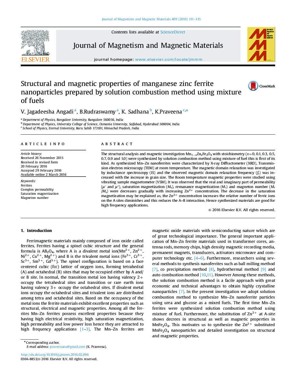 Structural and magnetic properties of manganese zinc ferrite nanoparticles prepared by solution combustion method using mixture of fuels