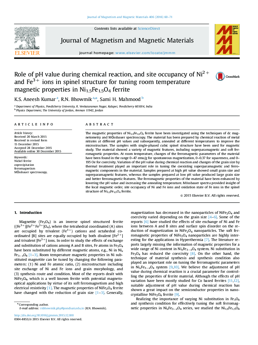 Role of pH value during chemical reaction, and site occupancy of Ni2+ and Fe3+ ions in spinel structure for tuning room temperature magnetic properties in Ni1.5Fe1.5O4 ferrite