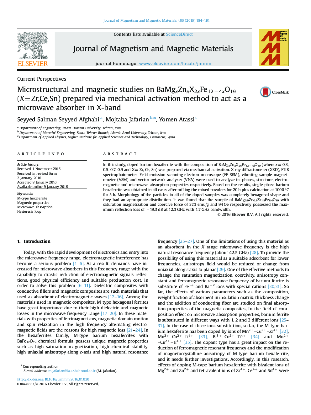 Microstructural and magnetic studies on BaMgxZnxX2xFe12â4xO19 (X=Zr,Ce,Sn) prepared via mechanical activation method to act as a microwave absorber in X-band