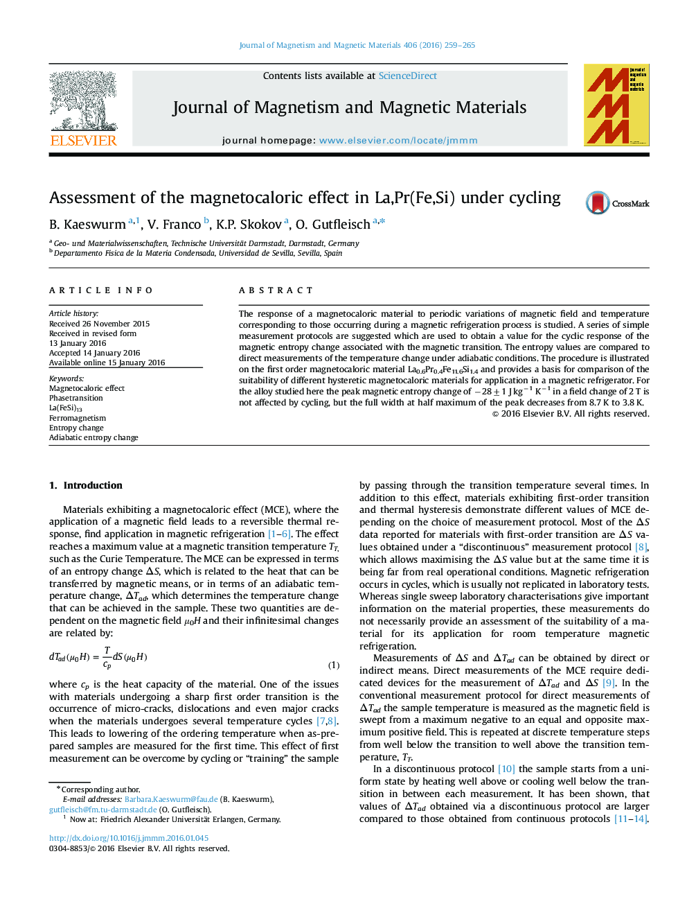 Assessment of the magnetocaloric effect in La,Pr(Fe,Si) under cycling