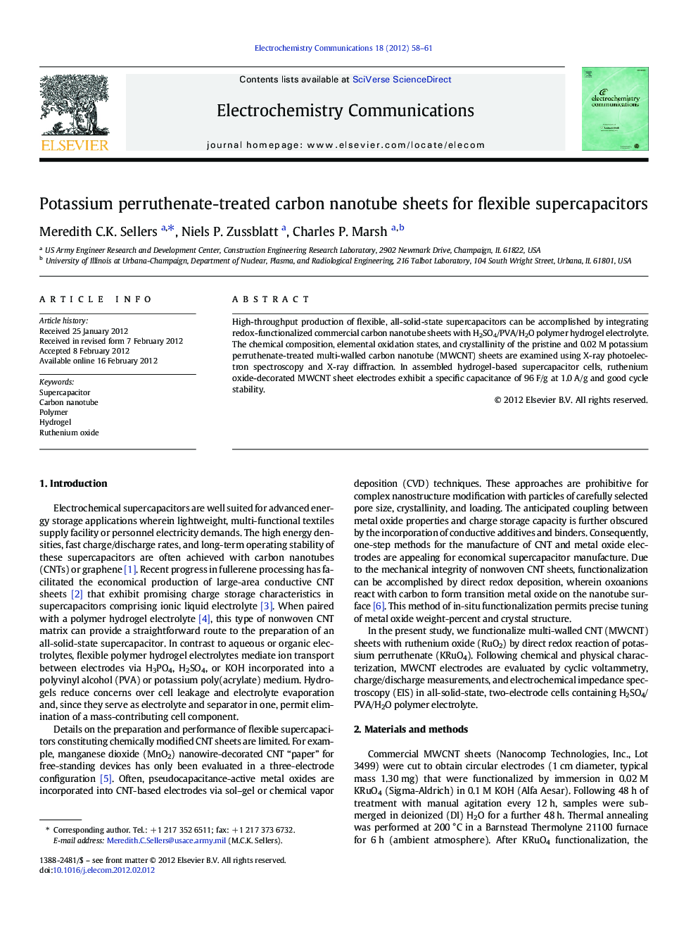 Potassium perruthenate-treated carbon nanotube sheets for flexible supercapacitors