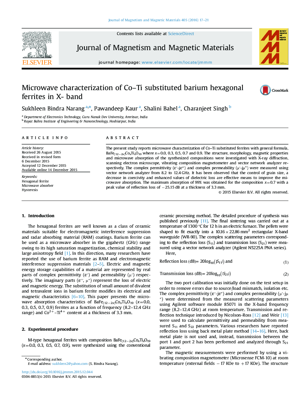 Microwave characterization of Co-Ti substituted barium hexagonal ferrites in X- band