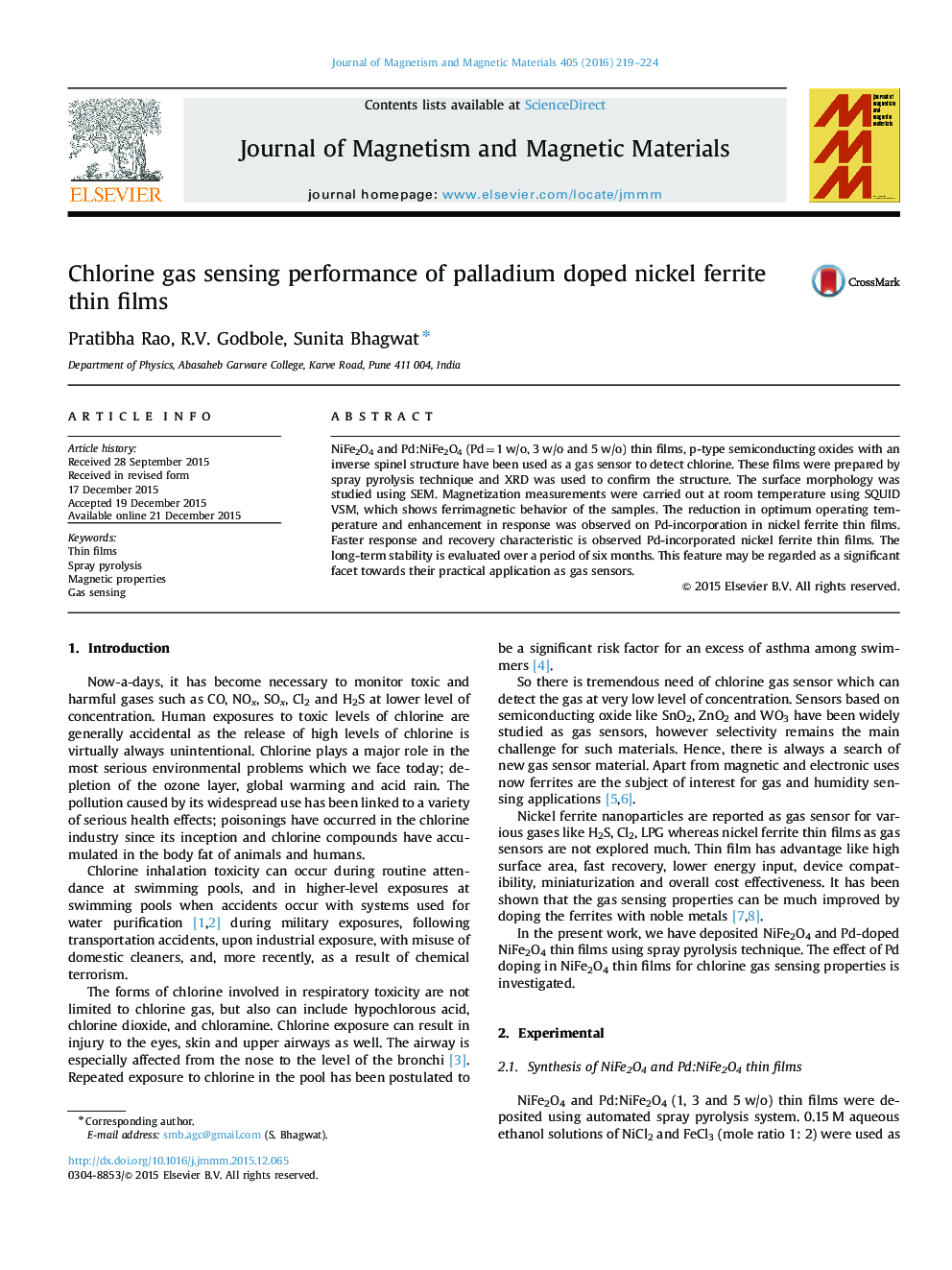 Chlorine gas sensing performance of palladium doped nickel ferrite thin films