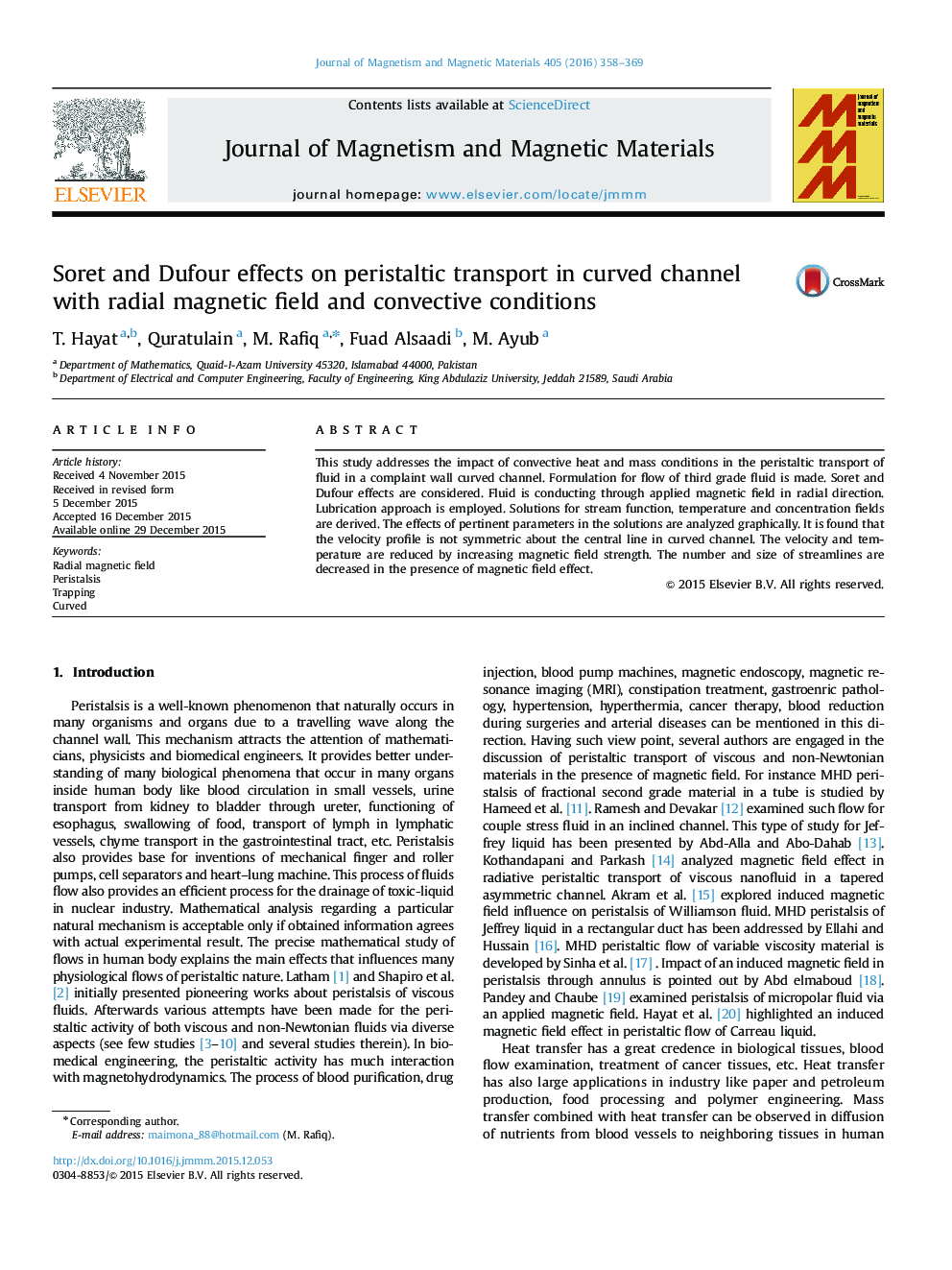 Soret and Dufour effects on peristaltic transport in curved channel with radial magnetic field and convective conditions