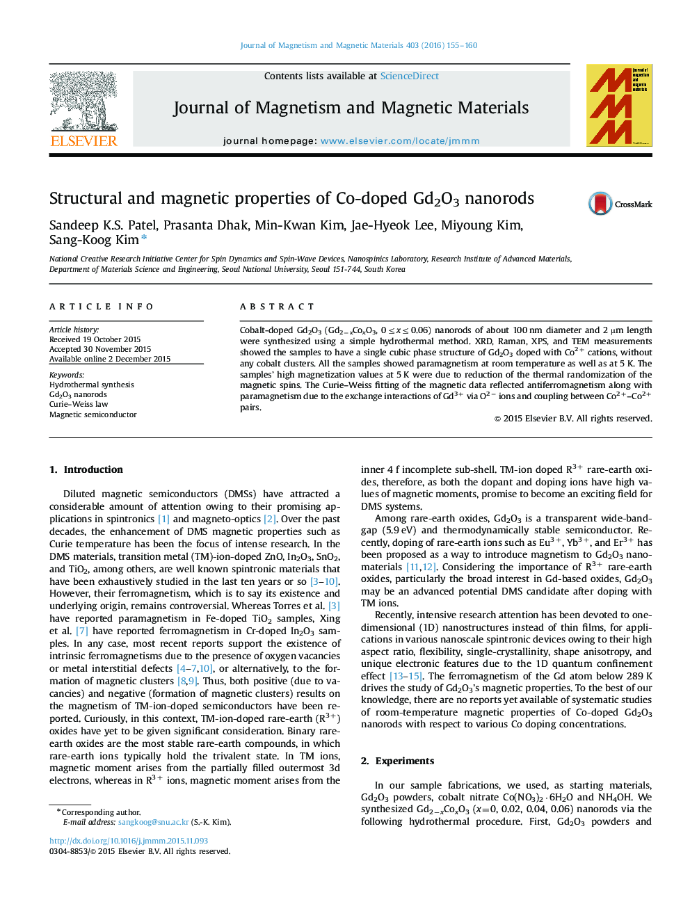 Structural and magnetic properties of Co-doped Gd2O3 nanorods