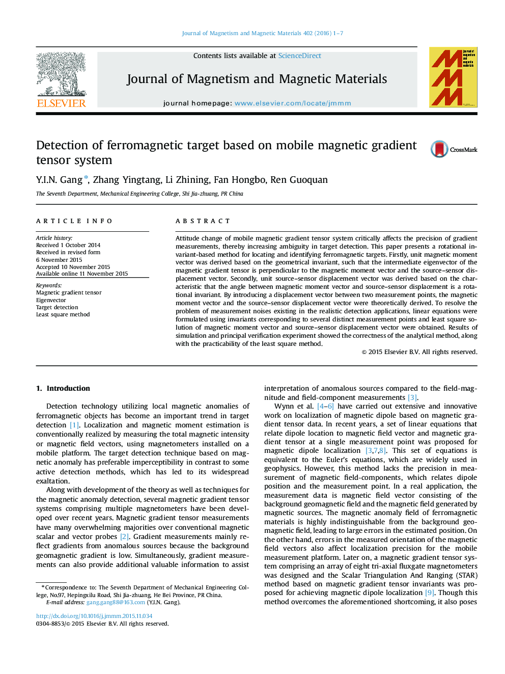 Detection of ferromagnetic target based on mobile magnetic gradient tensor system