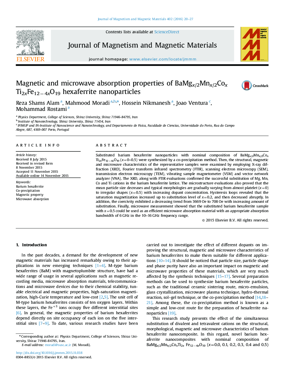 Magnetic and microwave absorption properties of BaMgx/2Mnx/2CoxTi2xFe12−4xO19 hexaferrite nanoparticles