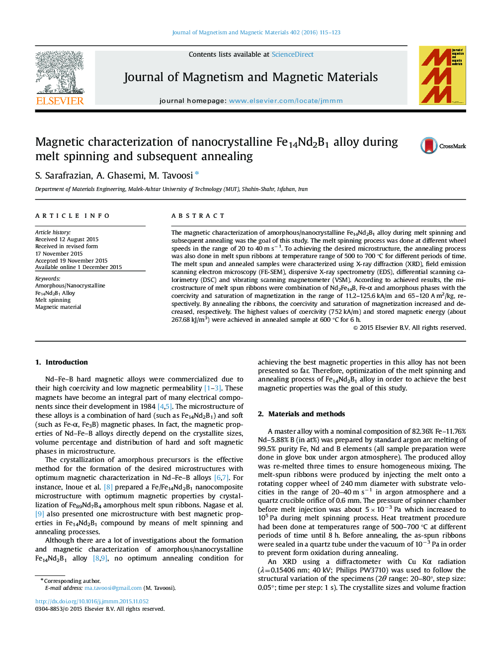 Magnetic characterization of nanocrystalline Fe14Nd2B1 alloy during melt spinning and subsequent annealing