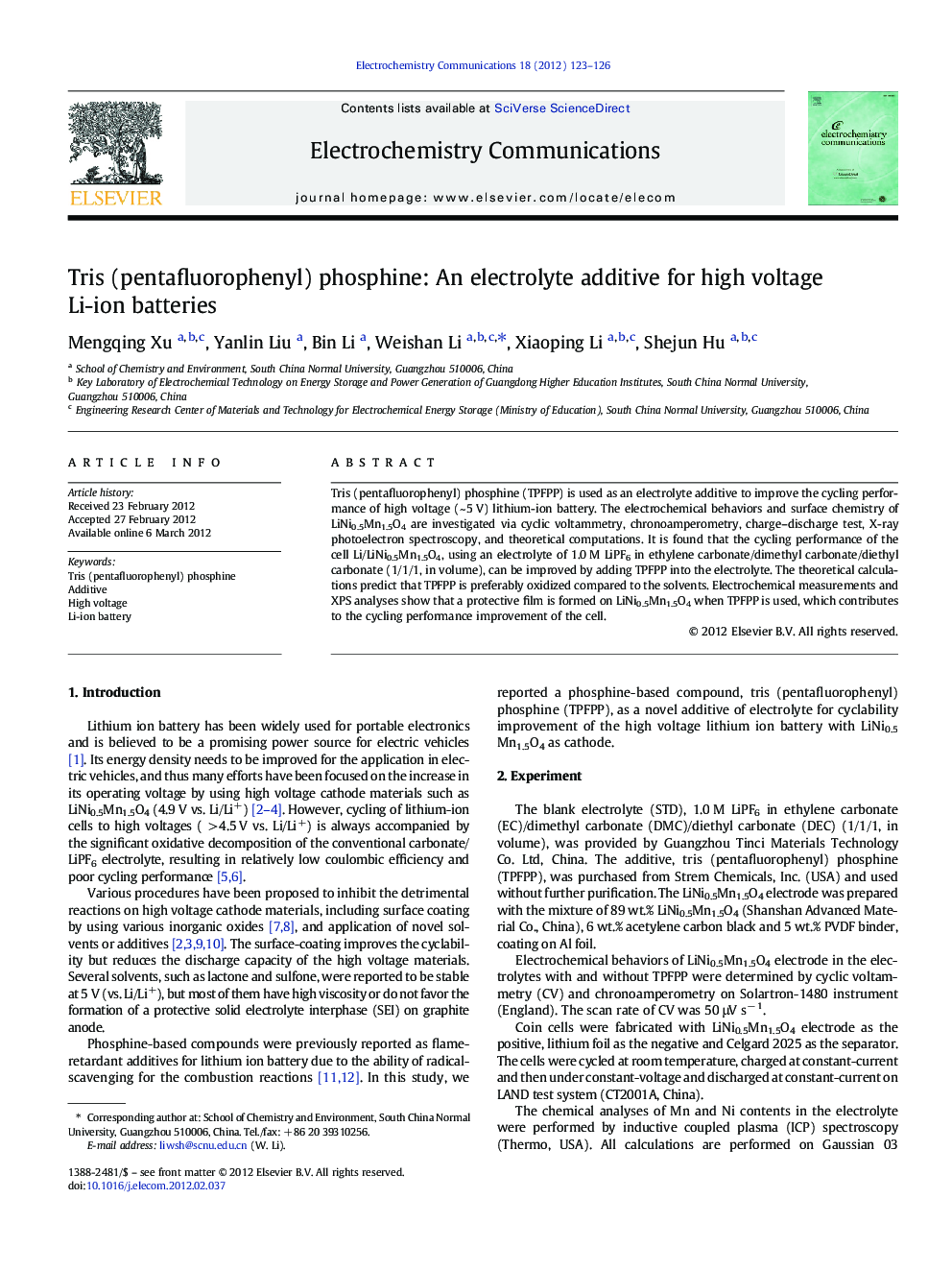 Tris (pentafluorophenyl) phosphine: An electrolyte additive for high voltage Li-ion batteries