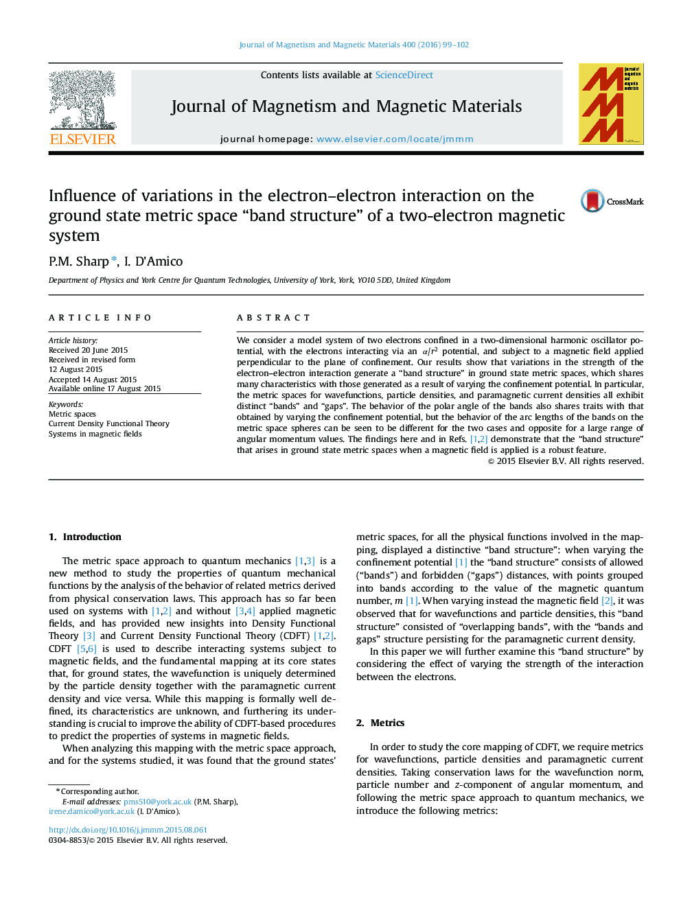 Influence of variations in the electron–electron interaction on the ground state metric space “band structure” of a two-electron magnetic system