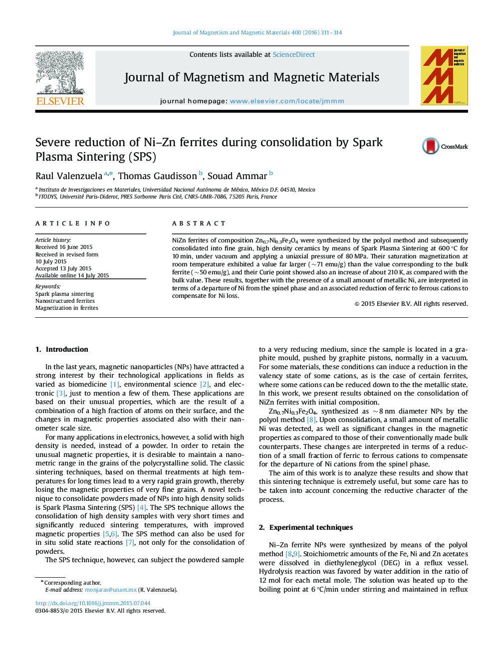 Severe reduction of Ni–Zn ferrites during consolidation by Spark Plasma Sintering (SPS)