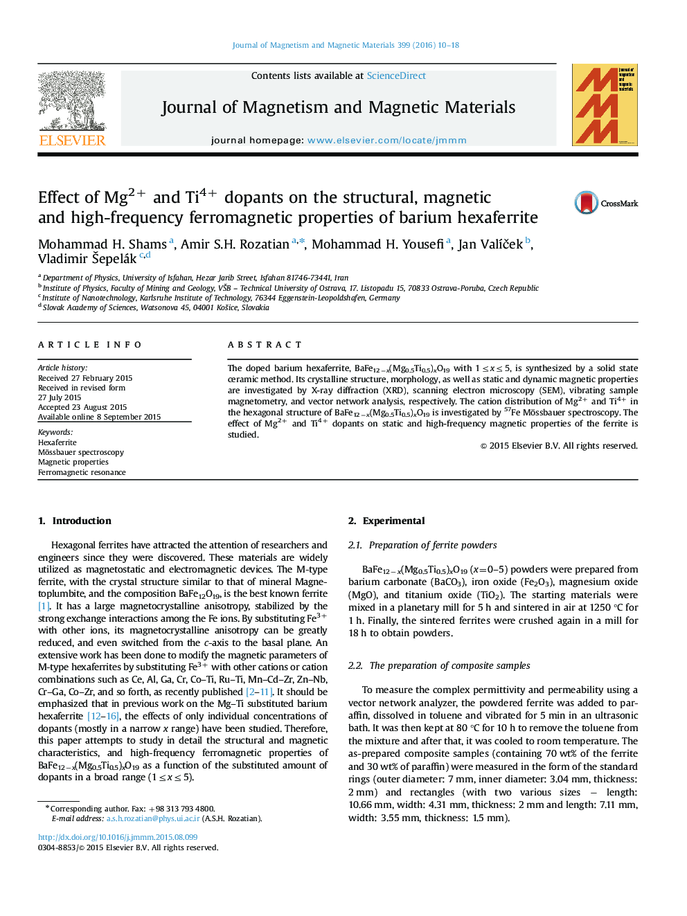 Effect of Mg2+ and Ti4+ dopants on the structural, magnetic and high-frequency ferromagnetic properties of barium hexaferrite