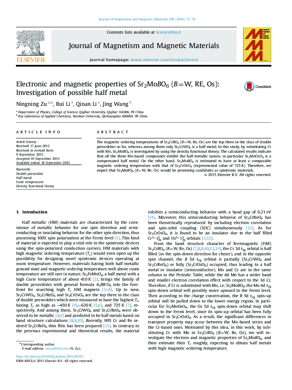 Electronic and magnetic properties of Sr2MoBO6 (B=W, RE, Os): Investigation of possible half metal