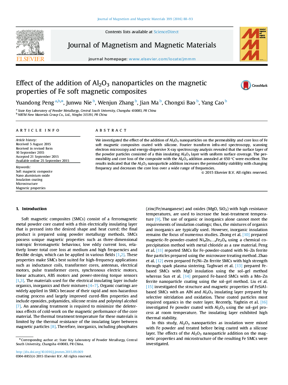 Effect of the addition of Al2O3 nanoparticles on the magnetic properties of Fe soft magnetic composites