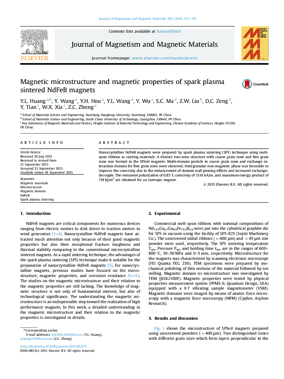 Magnetic microstructure and magnetic properties of spark plasma sintered NdFeB magnets